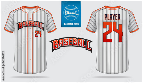 Baseball jersey, sport uniform, raglan t-shirt sport, template design. Baseball t-shirt mock up. Front and back view baseball uniform. Flat baseball logo on blue label. Vector Illustration.