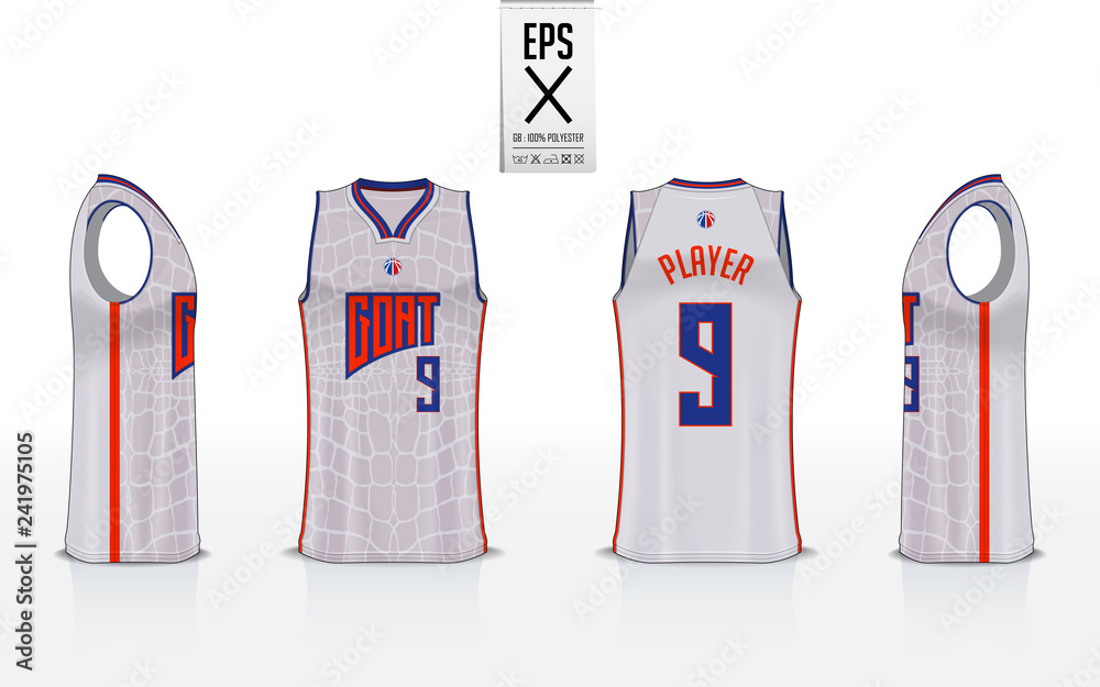 Fototapeta premium Jednolity projekt szablonu koszykówki dla klubu koszykówki. Makieta koszulki bez rękawów na koszulkę do koszykówki. Koszula do koszykówki widok z przodu, z tyłu i z boku. Ilustracji wektorowych.