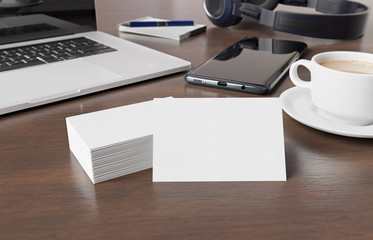 Business cards on wooden desk mockup 3d rendering