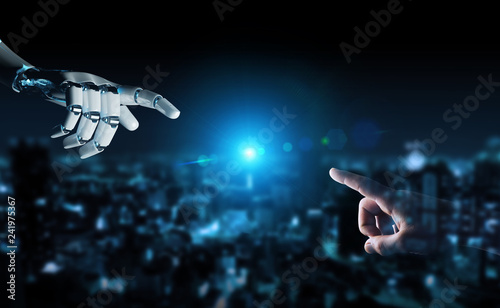 Robot hand making contact with human hand on dark background 3D rendering