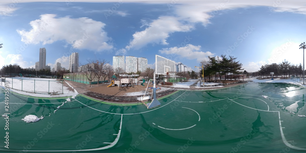 BUCHEON, SOUTH KOREA - December 13, 2018:  Panorama 360 degrees angle view of snow-covered park on a sunny day.