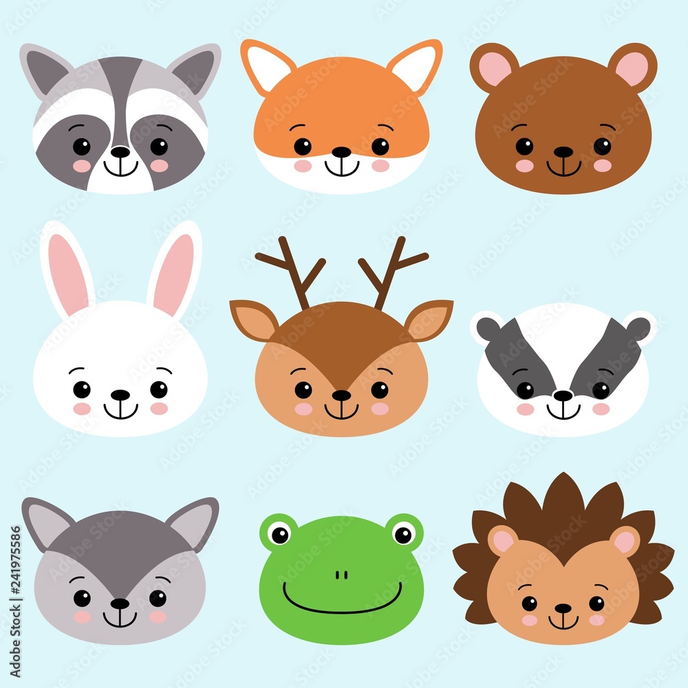 Fototapeta premium Cute cartoon anomals fox, raccoon, bear, bunny, deer, badger, wolf, frog, hedgehog