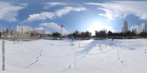 BUCHEON, SOUTH KOREA - December 13, 2018: Panorama 360 degrees angle view of snow-covered park on a sunny day.