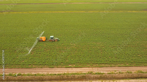 Aerial view tractor spraying chemicals on large green field. Spraying the herbicides on the farm land. Treatment of crops against weeds.