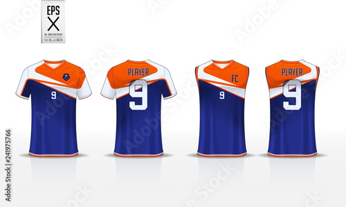 Blue T-shirt sport template design for soccer jersey, football kit and tank top for basketball jersey. Sport uniform in front and back view. Sport shirt mock up for sport club. Vector Illustration.