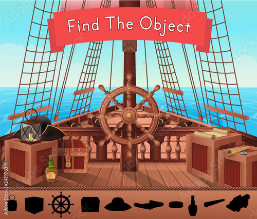 SHIP OF PIRATES. Find the object in the picture. Vector illustration of sail boat bridge view in cartoon style. Background for games and mobile applications.