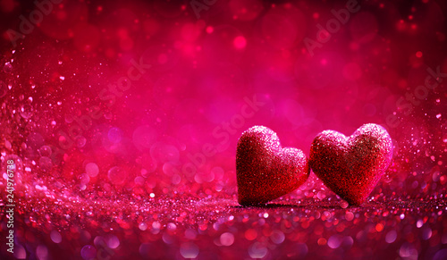 Two Red Hearts In Shiny Background - Valentine's Day
