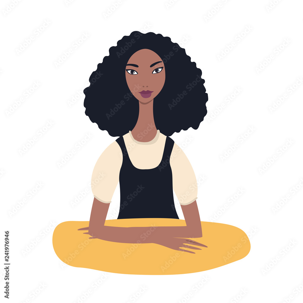 Vetor de Lovely young Beautiful Mixed race girl with black curly hair wearing trendy stylish clothes sitting at table African American Asian Indian Exotic looking person portrait isolated on white background. do Vetor de Lovely young Beautiful Mixed race girl with black curly hair wearing trendy stylish clothes sitting at table African American Asian Indian Exotic looking person portrait isolated on white background. do