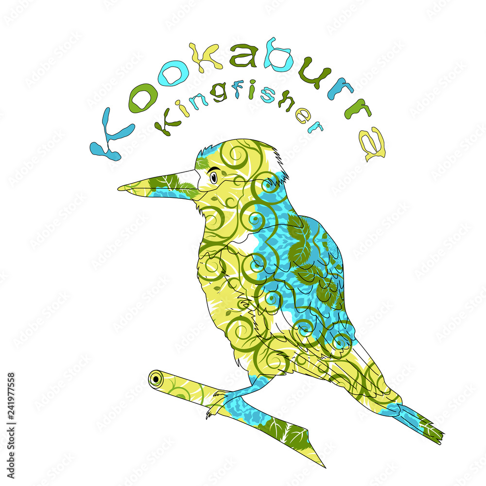 Naklejka premium Kookaburra. Emblem. Flowers and curls decorations.