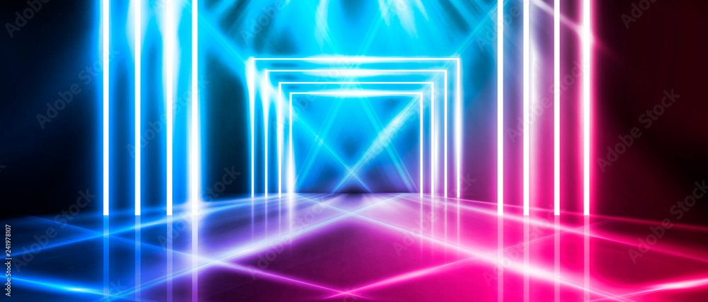 Abstract arch, neon light, rays. Abstraction of a blue background with red reflections.