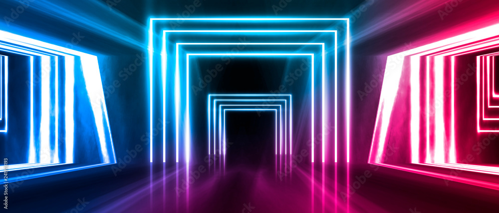 Abstract arch, neon light, rays. Abstraction of a blue background with red reflections. Abstract arch, neon light, rays. Abstraction of a blue background with red reflections.