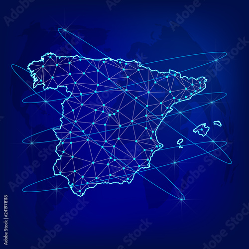 Global logistics network concept. Communications network map  Spain on the world background. Map of  Spain with nodes in polygonal style. Vector illustration EPS10. 