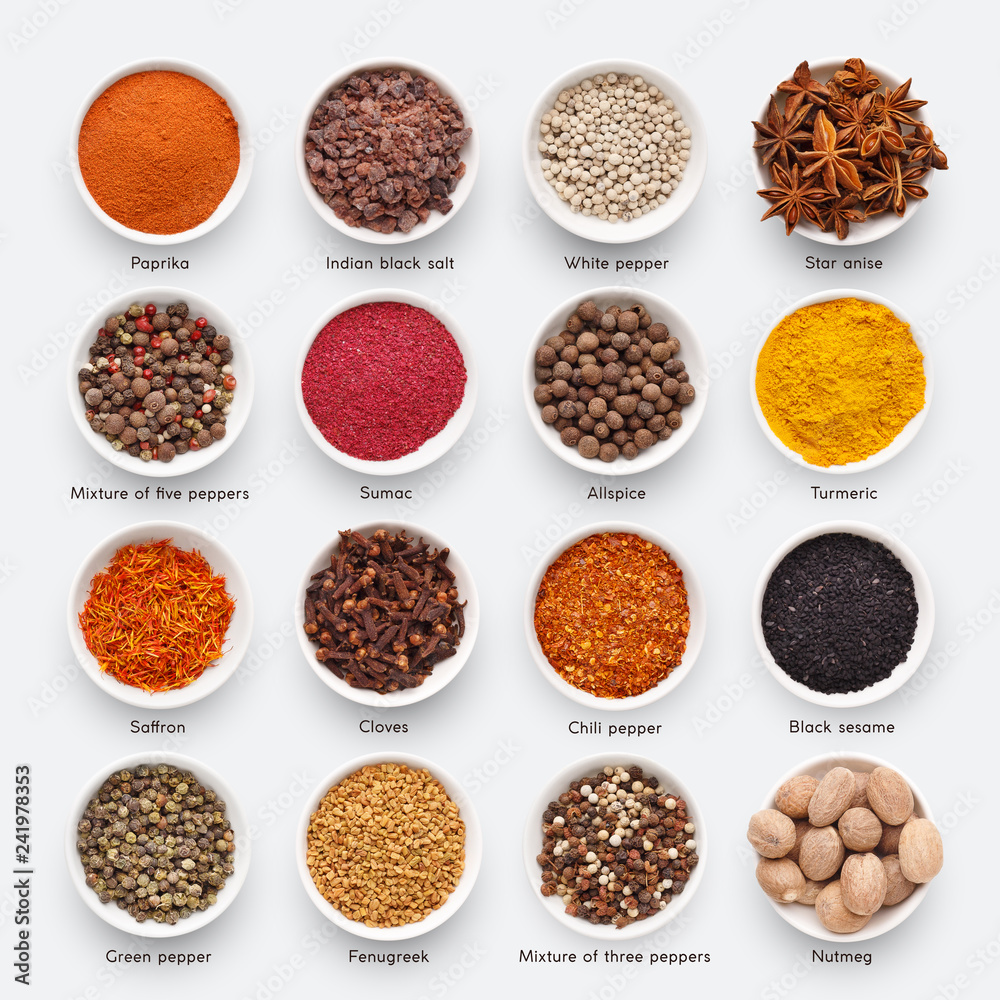 Different kinds of spices on white background Different kinds of spices on white background