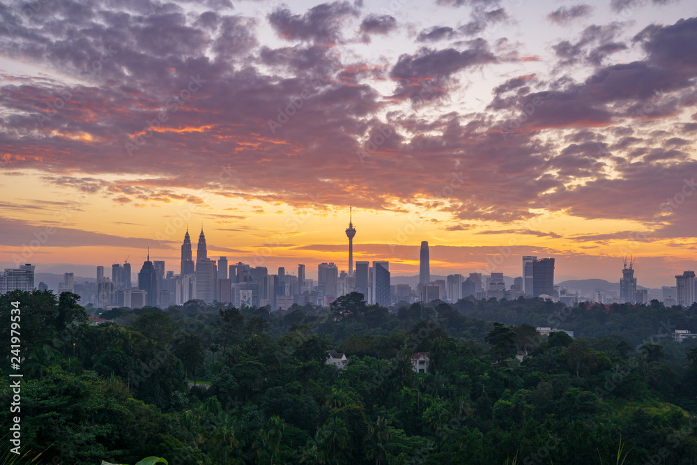 KUALA LUMPUR, MALAYSIA - 6th JAN 2019; Majestic sunrise over downtown Kuala Lumpur, Malaysia.