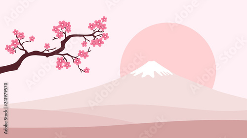 Japan lanscape background. Mountain Fuji, Sunset and cherry blossom branch. Light pink color gamma. Symbol of Japan.