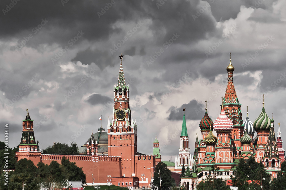 gloomy clouds. The Moscow Kremlin under dark storm clouds is a symbol of anxiety and fears. gloomy clouds. The Moscow Kremlin under dark storm clouds is a symbol of anxiety and fears.
