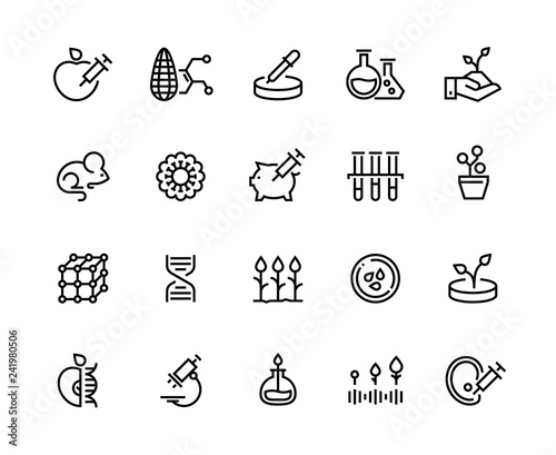 GMO line icons. DNA food research, lab agriculture testing, bacteriology science experiment. Genetic engineering vector symbols