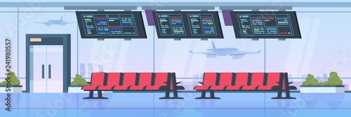 Airport terminal interior. Departure waiting room hall nobody inside airplane arrival board. Travel vacation vector illustration