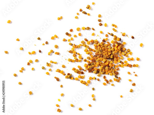 Pile fresh bee pollen isolated on white background, top view with clipping path