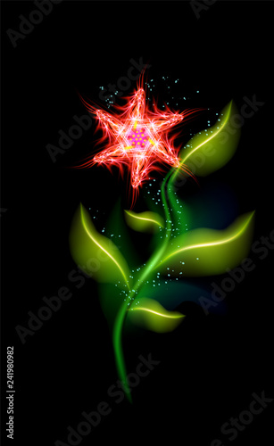 Modern Red colorful glowing flower over black. Trendy ornamental floral fiery element. Beautiful illuminated ornaments with decorative luxury glow for your design in vector illustration