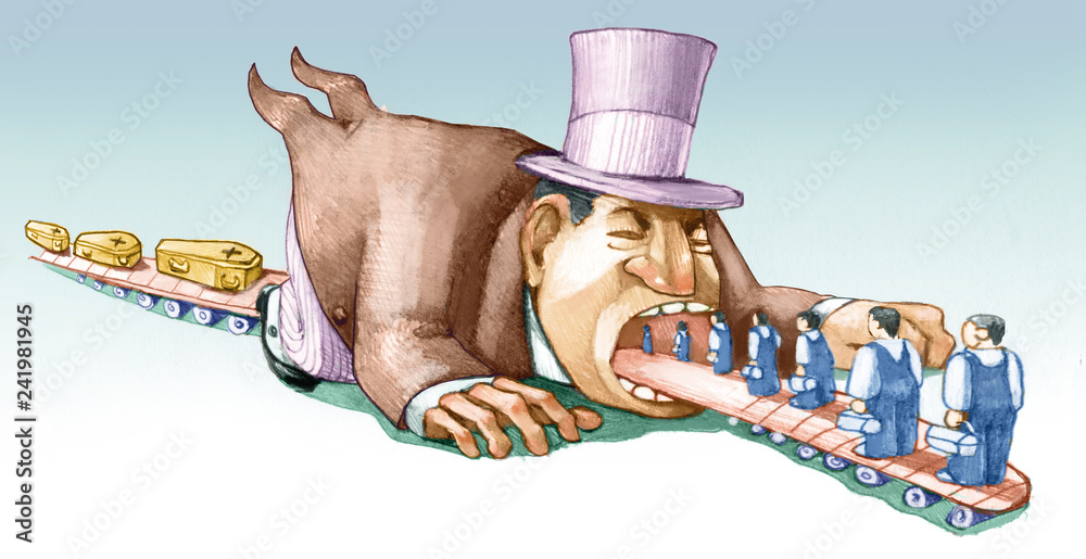 ภาพประกอบสต็อก worker life exploitation political cartoon ภาพ Adobe Stock