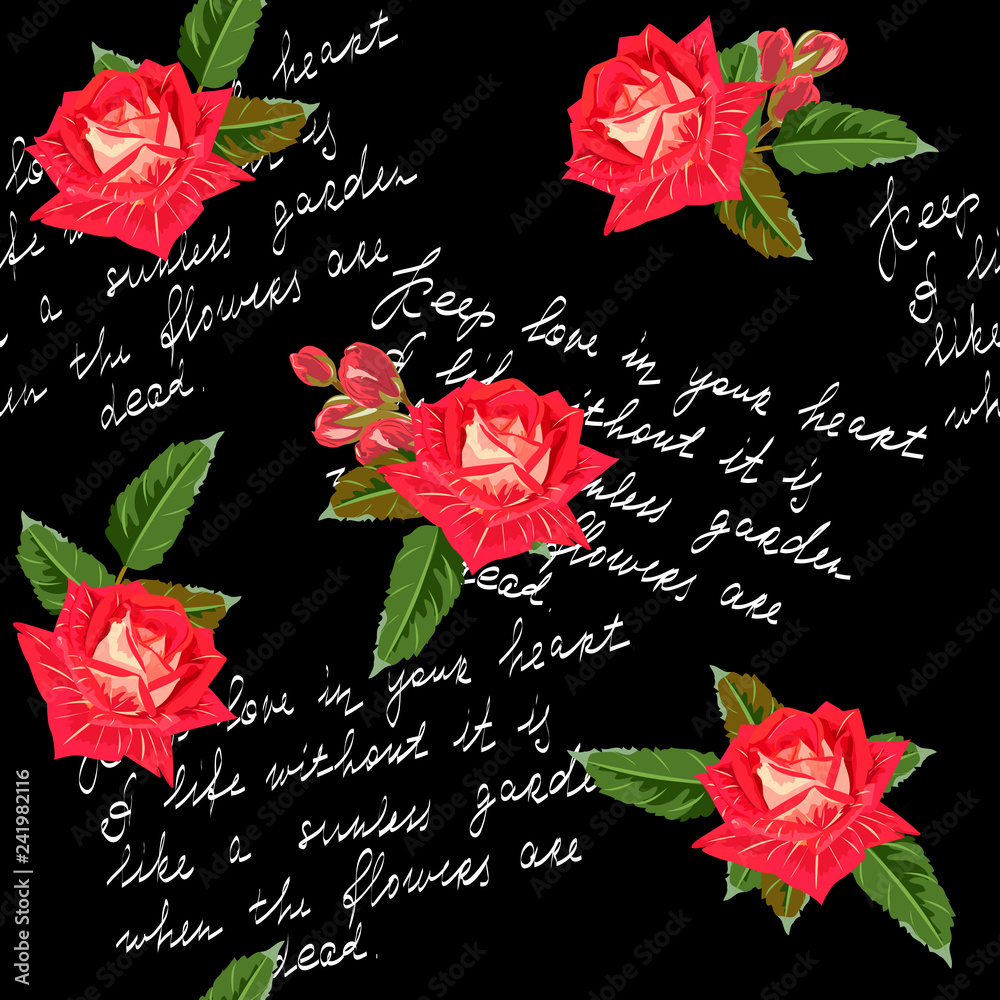 Seamless pattern with red roses and text about love. Flower background for  textile, cover, wallpaper, gift packaging,  design for  weddings, Valentine's Day. Stock Vector | Adobe Stock