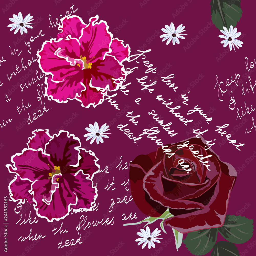 Seamless pattern with beautiful garden flowers and text about love ...