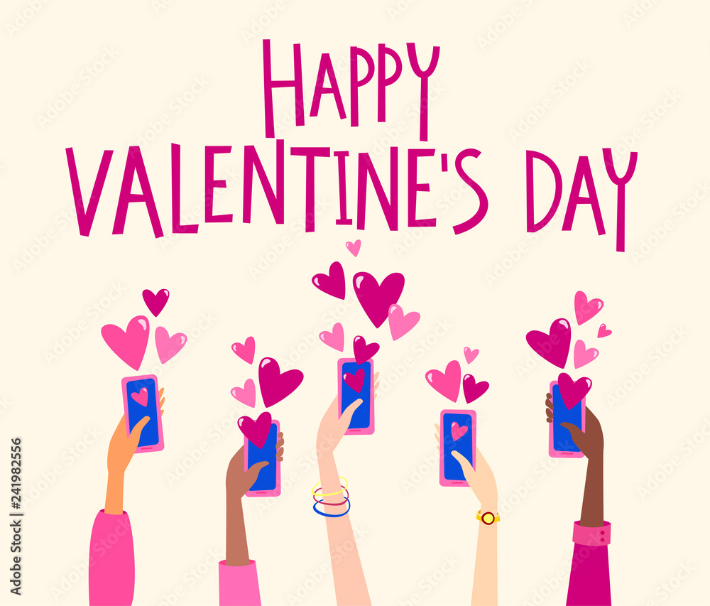 Valentine's Day card with hands holding smart phone with hearts in flat cartoon style. Social media communication concept