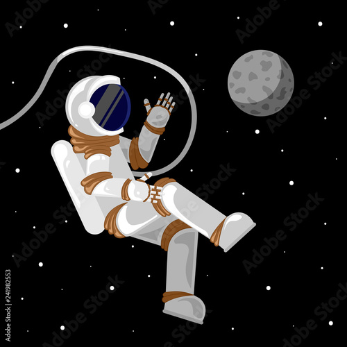 Flat Funny flying astronaut in space with stars and moon around