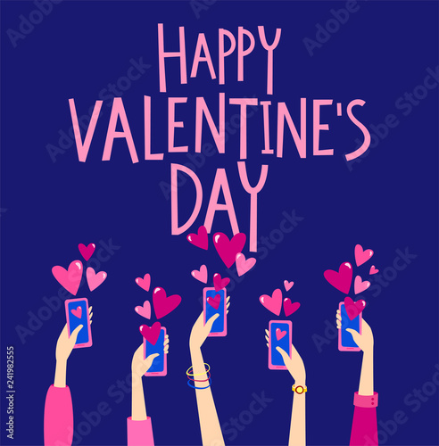 Valentine's Day card with hands holding smart phone with hearts in flat carto...