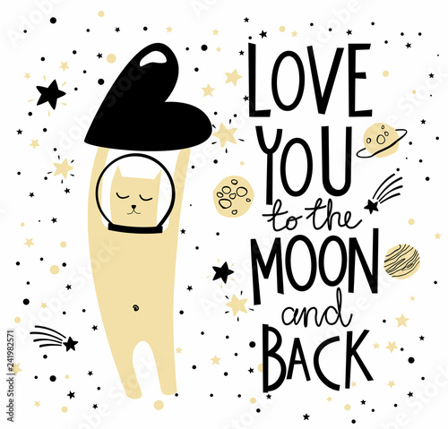 Love You To The Moon greeting Valentines Day card with cat holding the heart ...