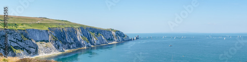 Panoramic view over the Needles of the Isle of Wight in UK.