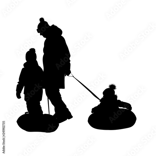 Father and children ride on inflatable tubing in the snow. Winter fun. Vector illustration of black silhouette on white background