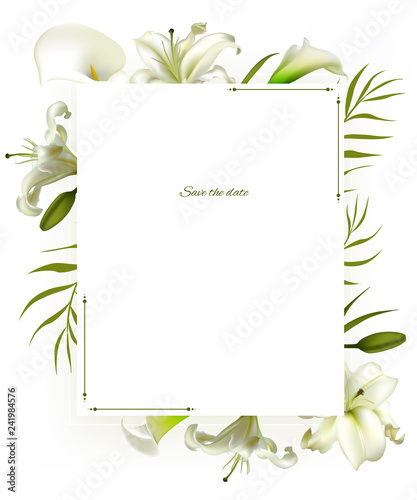 Flowers. Floral background. Calla. Lilies. White. Green leaves. Border.  Stock Vector | Adobe Stock
