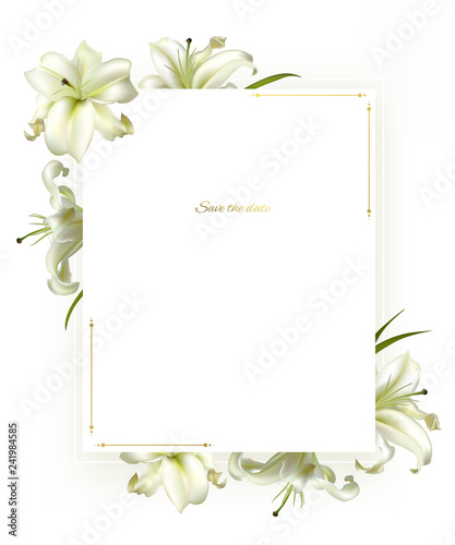 Flowers. Floral background. Lilies. White. Green leaves. Border.