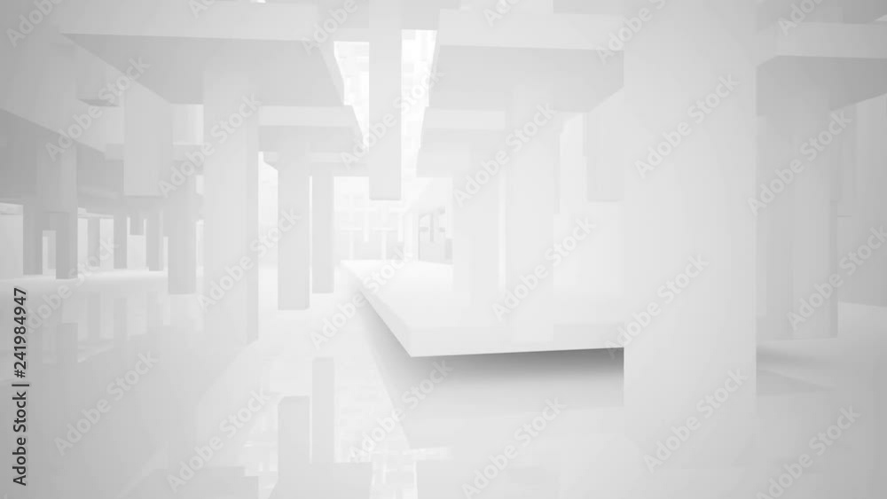 Abstract white interior multilevel public space with window. 3D animation and rendering.