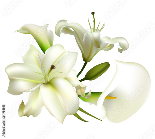 White flowers. Flower background. Bouquet. Calla. Lilies. Green leaves. 