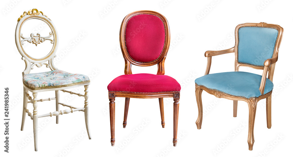 Fototapeta premium Three gorgeous vintage chairs isolated on white background. Chairs with blue, red and white upholstery.