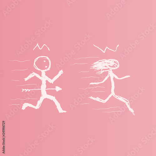 Woman chased by Man. Hand drawn simple Valentine's Day