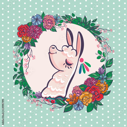 Beautiful llama, alpaca portrait with flowers frame. Vector, sketch, outline, cartoon Illustration