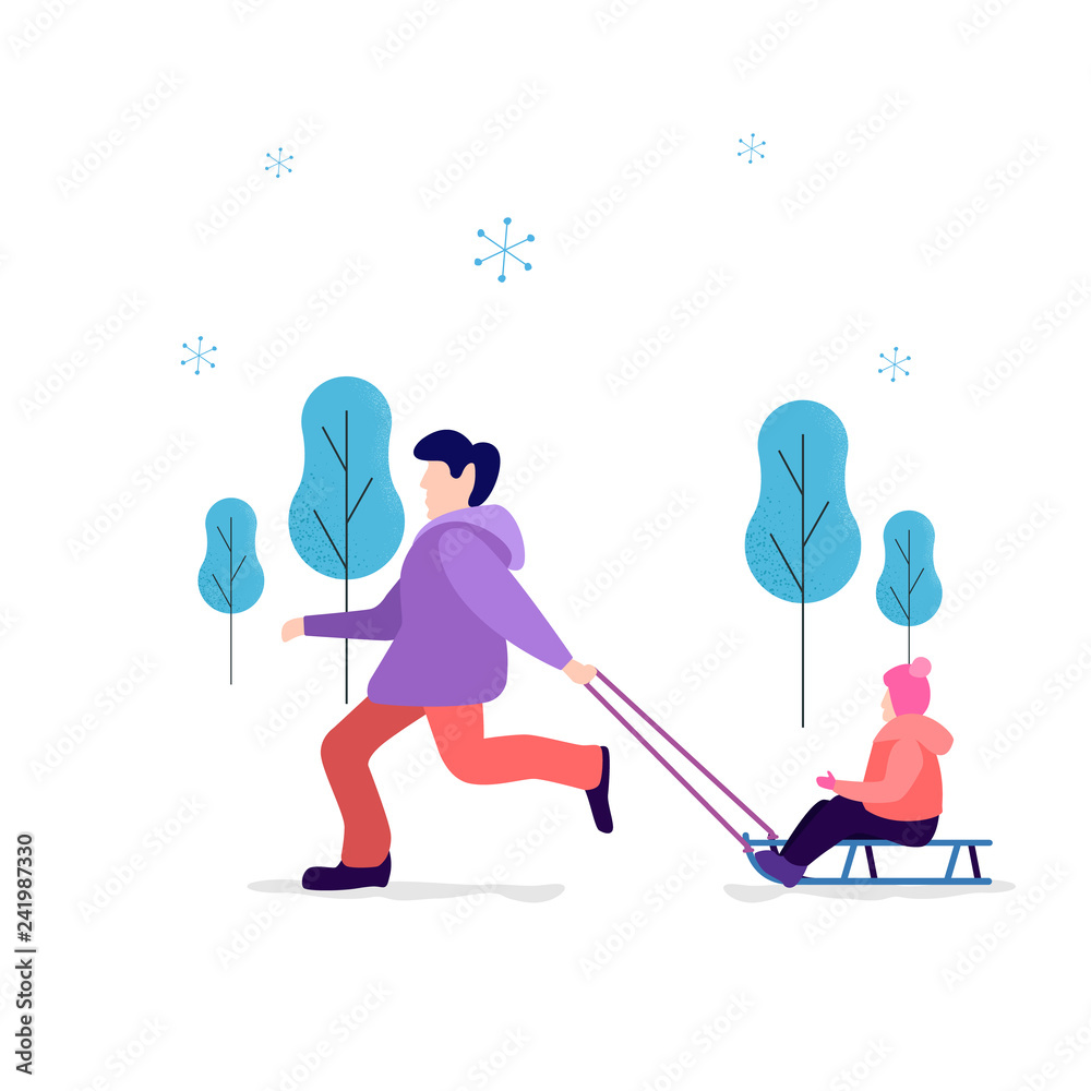 Vector image in flat style. Winter theme. A man carries a child on a sled through the snow. Vector image in flat style. Winter theme. A man carries a child on a sled through the snow.