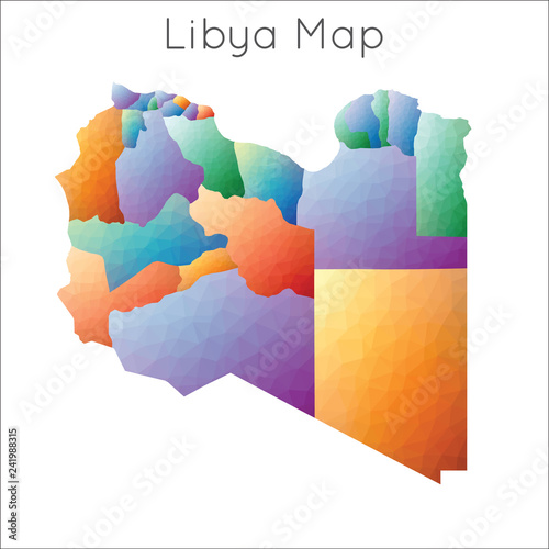 Low poly map of Libya with geometric, mosaic style highlighting its regions and borders.