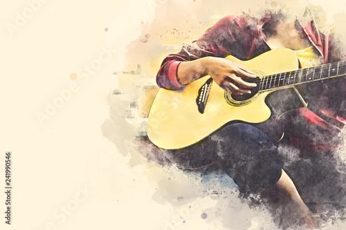 Obraz Zakończenie kobiety bawić się gitarę akustyczną na chodzącej ulicie na akwarela obrazu ilustracyjnym tle.