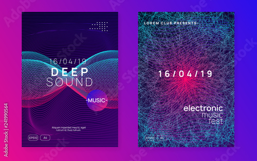 Neon flyer. Trendy discotheque cover set. Dynamic gradient shape and line. Neon flyer trance event. Techno dj party. Electro dance music. Electronic sound. Club fest poster. 