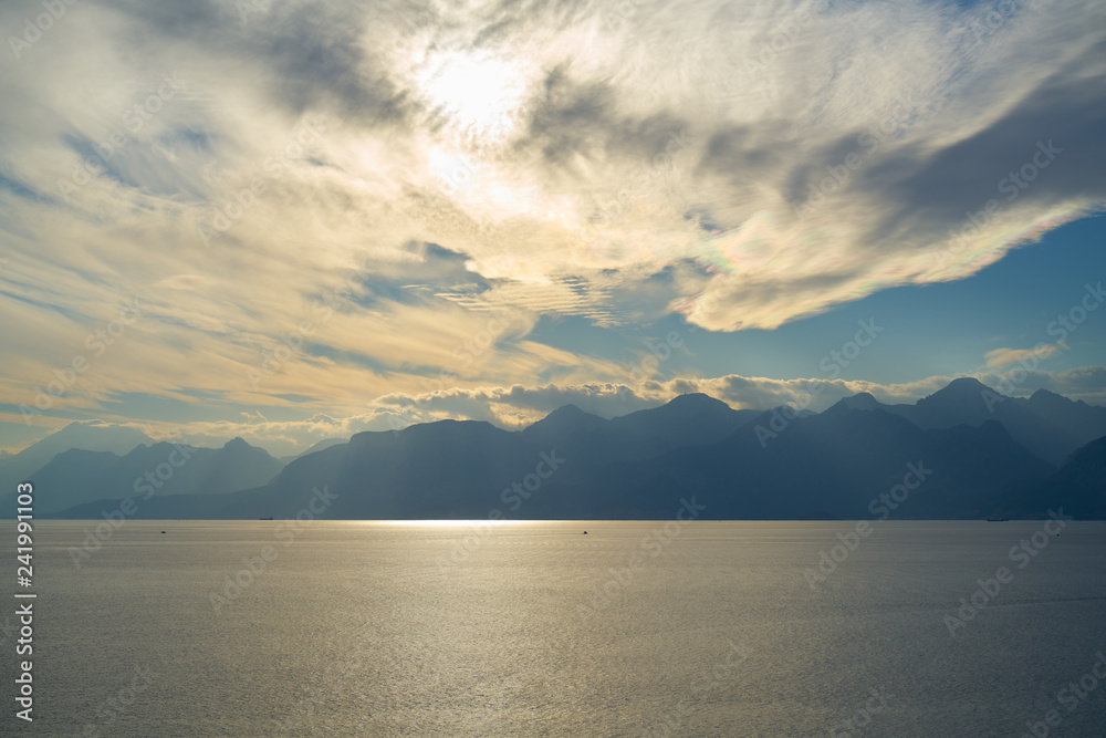 Mountain, sea and sky background