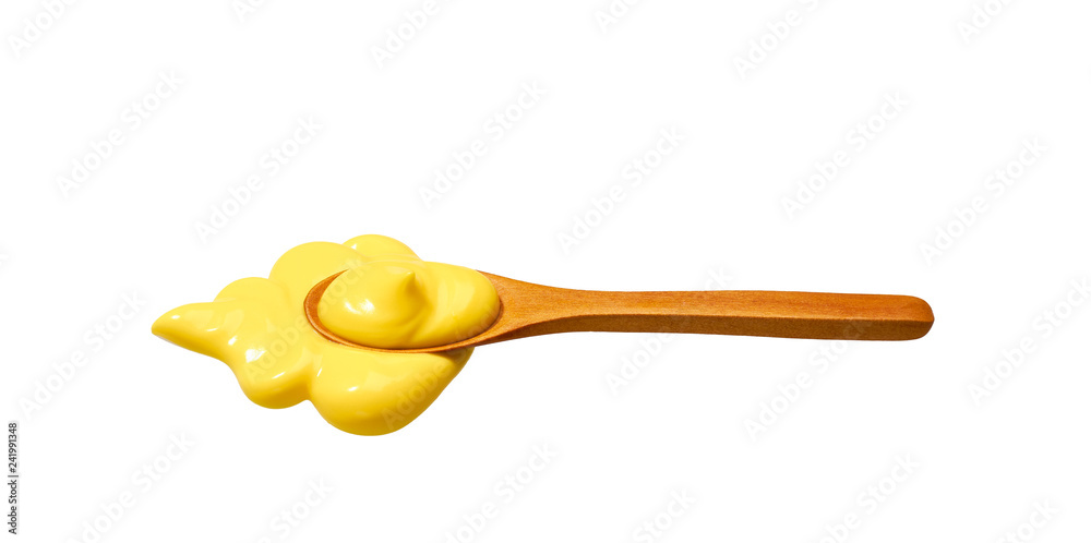 Cheese sauce in small wooden spoon isolated on white background, Cheese sauce in small wooden spoon isolated on white background,