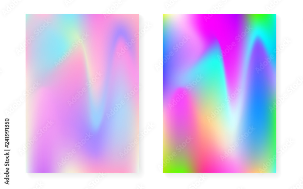 Holographic gradient background set with hologram cover. 90s, 80s retro style. Iridescent graphic template for flyer, poster, banner, mobile app. Fluorescent minimal holographic gradient. Holographic gradient background set with hologram cover. 90s, 80s retro style. Iridescent graphic template for flyer, poster, banner, mobile app. Fluorescent minimal holographic gradient.