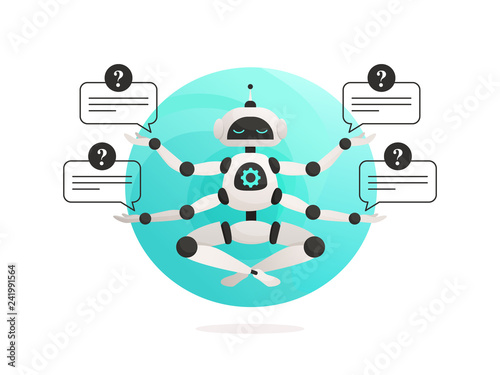 Chatbot responds to customers questions. Robot holding speech bubbles and meditate. Customer service robot. Vector illustration of artificial intelligence.