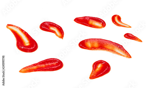 Splashes and stains tomato sauce isolated on white background.