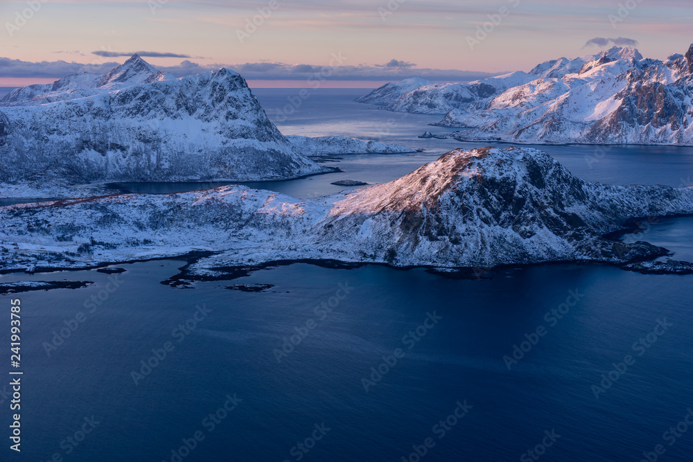 Beautiful landscape of Lofoten archipelago in winter season in a morning sunrise, Norway